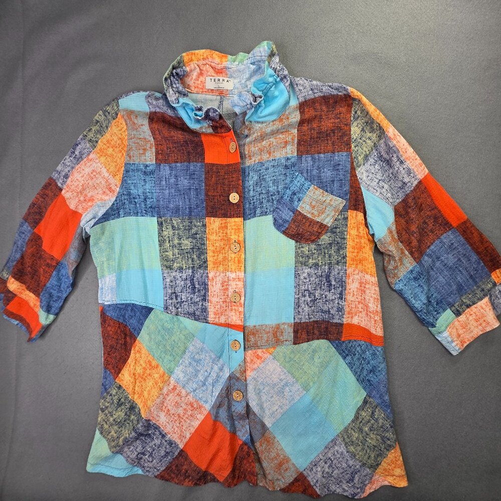 Terra Shirt Womens L Colorful Patchwork Wire Ruffle Collar Boho Tunic SJ Apparel - Picture 2 of 15